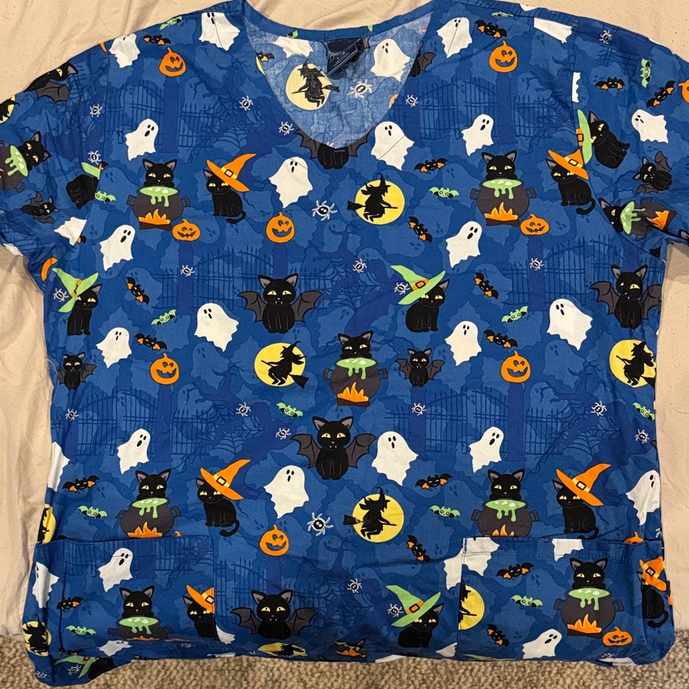 Halloween Themed Blue Scrub Top